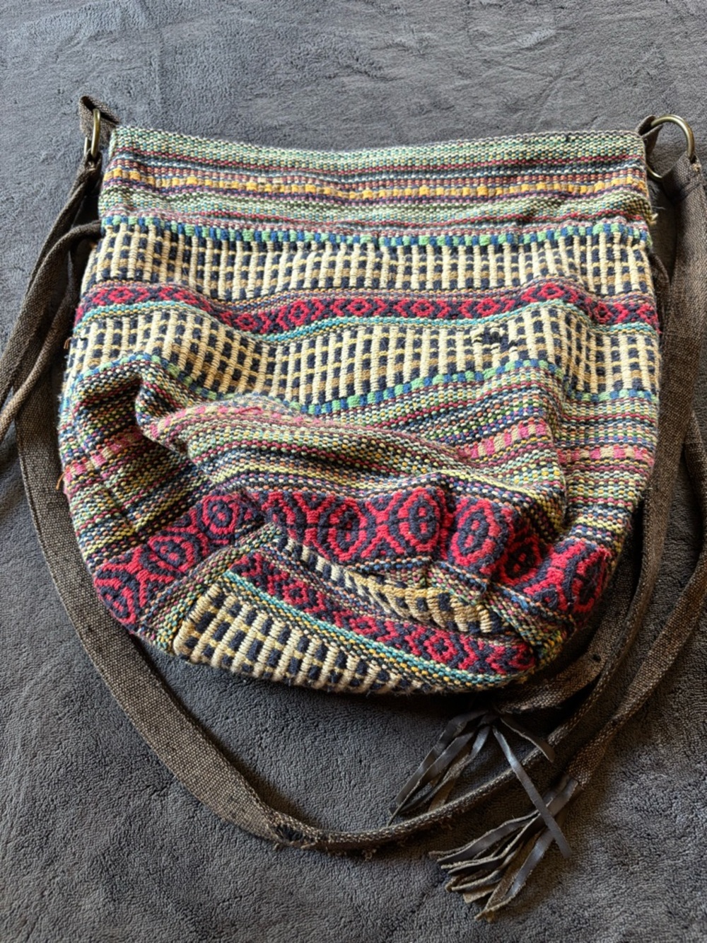 World Market Woven Bucket Bag, Distressed Boho Purse, Crochet Crossbody, Hobo - Picture 8 of 14